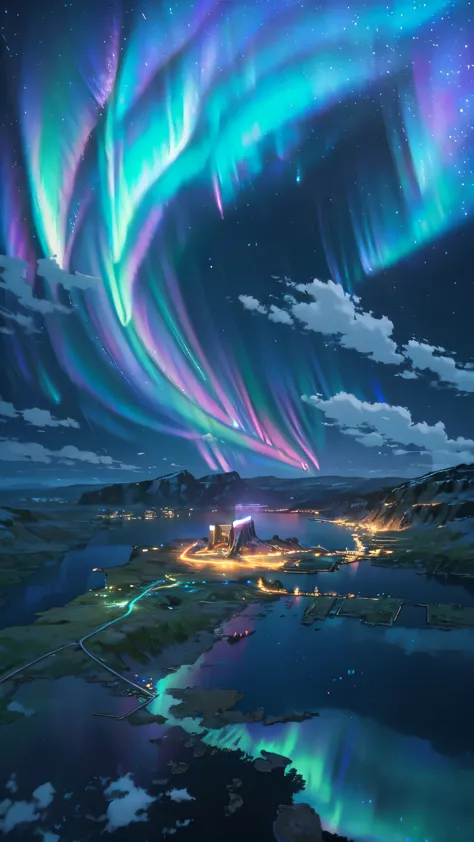 landscape, ultra HD, (background asgard), details, lighting, 8k, (aurora borealis in the sky), constellation, (background asgard), small village beneath the lights