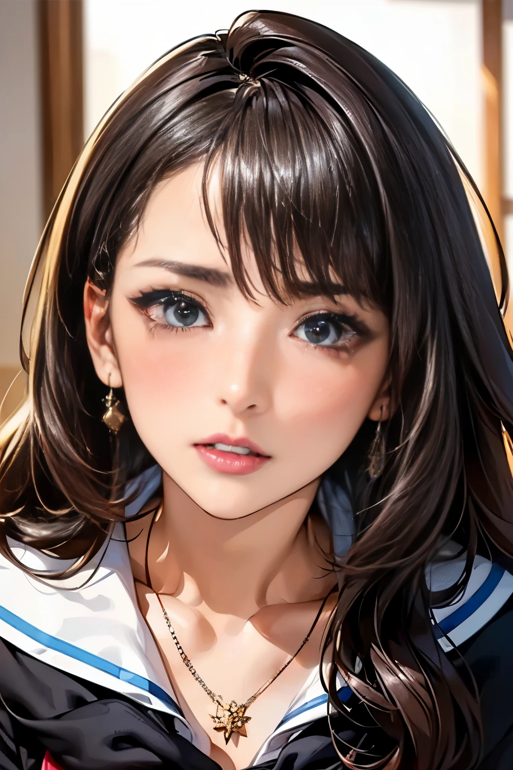 (table top: 1.3), (maximum resolution: 1.2), (Ultra HDTV: 1.2), cinematic light, 8K resolution,
fine eyes and skin, detailed facial features, , (sharp focus: 1.2）, (focus on face:1.2),perfect style, beautiful face, Accurate, anatomically correct, Highly detailed face and skin texture, fine eyes, double eyelid, thin eyebrows,  natural cheeks, Glossy skin, Fair skin: 1.2, (glossy lips: 1.4),、 (embarrassed look: 1.2),Highly detailed face and skin texture, fine eyes, double eyelid, natural cheeks, , glossy lips: 1.4,exposed cleavage、（A large amount of sperm in the chest:1.4）（A large amount of sperm on the thigh:1.2）、
blush、humiliating、impatience、disappointed、It was scary、glare、tears、embarrassing、open your kneeake sexual acts public、masturbation、rub genitals with fingers,,,,,,,,,,、
white underwear、white bra、Sparkling small earrings and necklace、、disheveled clothes、dressing、exposed panties、sweating、grass、thin underwear、
18-year-old, A neat and clean woman 、wavy hair、 medium long hair, usually, upturned chest, sitting on the floor, classroom,black brown hair,blue eyes、(high school uniform:1.4)