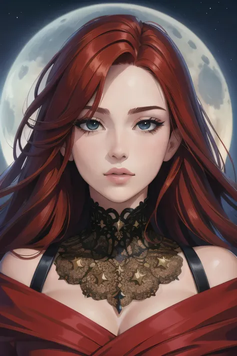 a woman with red hair and a red dress is standing in front of a full moon