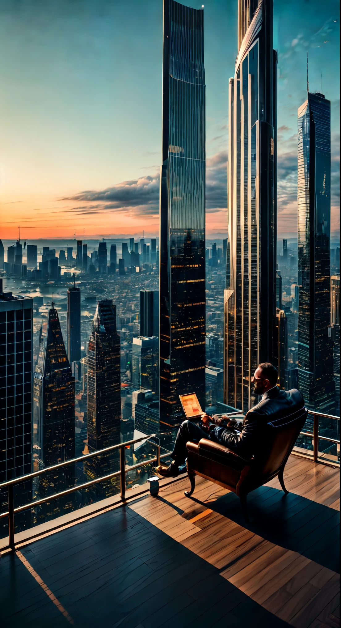 un bureau gratte-ciel dans la grande ville, l'homme cyborg est assis dans un fauteuil luxueux et tient un cigare fumant dans la main, Haute qualité, absurdes, chef-d&#39;œuvre, Beau, détails complexes, 1/2 corps récolter, Corps mince, Beau figure, Anatomie Magnifique, (détails complexes:1.12), HDR, (détails complexes, hyper-détaillant:1.15), (textures de peau naturelles, hyper réaliste, Lumière douce, POINTU:1.2)