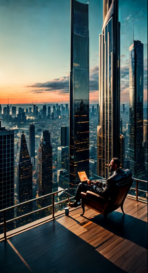 a skyscraper office in the big city, the cyborg man sits in a luxurious chair and holding a smoking cigar in his hand, high qual...