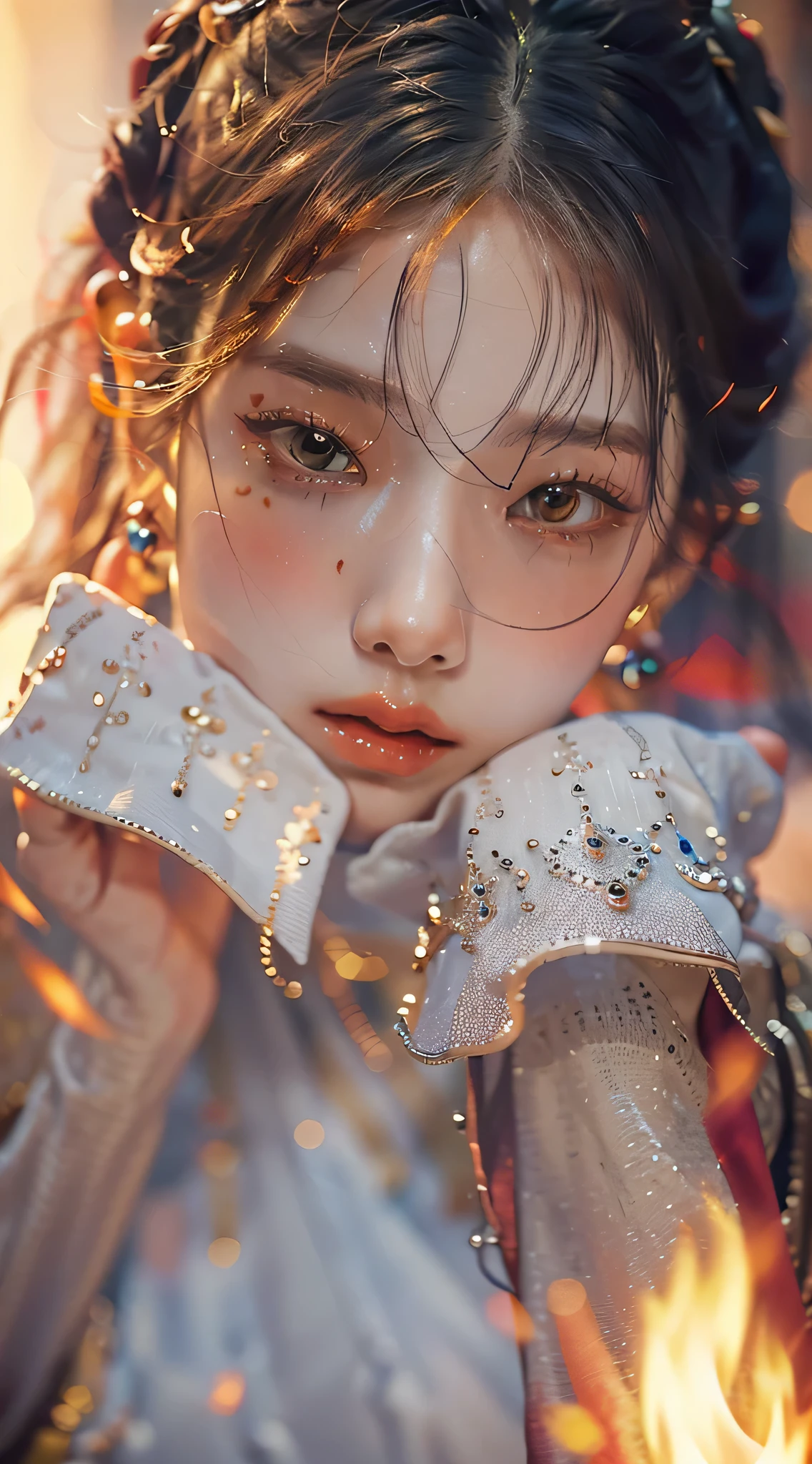 Best quality,masterpiece,ultra high res,(photorealistic:1.4)1girl,beautiful_face,detailed skin,full body,yuhuoshu,jewelry,solo,earrings,(fire:1.3),blurry,realistic,lips,