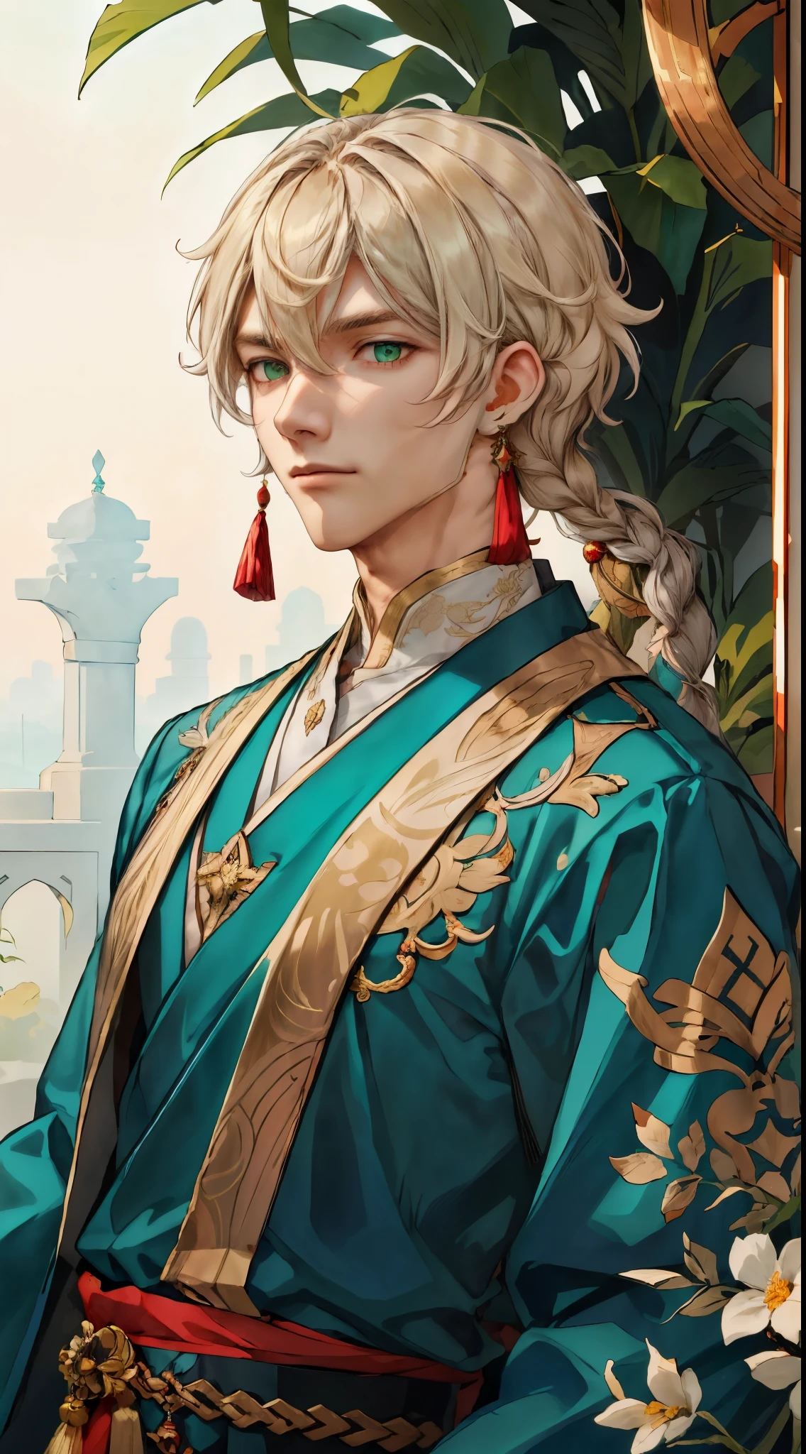 masterpiece, best quality, (2 males), adult, tall, handsome, finely detailed eyes, intricate details, solo, (male 1 is an adult, handsome, broad shoulders, well kept gray hair with teal highlights underneath, tall, ancient indian sherwani outfit with jewels, green eyes with red diamonds inside, muscular, tassels on clothes, genshin impact alhaitham), (male 2 is an adult, handsome, well kept long blonde hair with brown ends, red eyes, tall, ancient persian outfit with gold trimming and floral designs, tassels on clothes, genshin impact kaveh), looking away from viewer, depth of field, in a mystical oasis