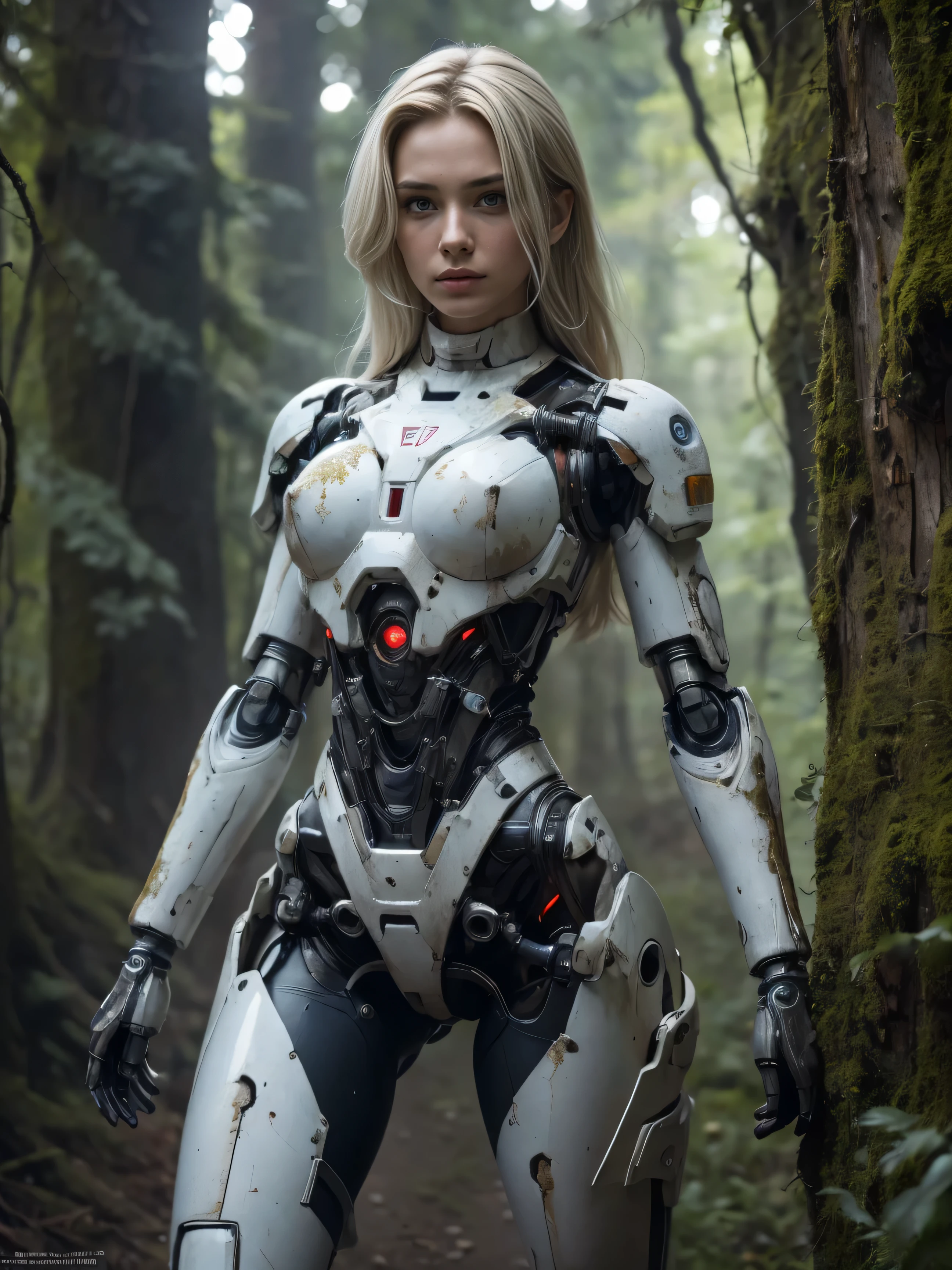 ((masterpiece, highest quality, Highest image quality, High resolution, photorealistic, Raw photo, 8K)), Abandoned robot soldier on battlefield, broken and immobile, rust and moss showing passage of time, female cyborg body, female body, biomechanical , extra detailed body, blowjob white mech, white biomechanical details, detailed body, shiny white armor, cybernetic body, eva unit-00 on back, full body details, 