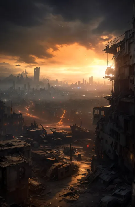 a view of a city with many buildings and a dark sky, destroyed city in the background, apocalyptic city, post - apocalyptic city...