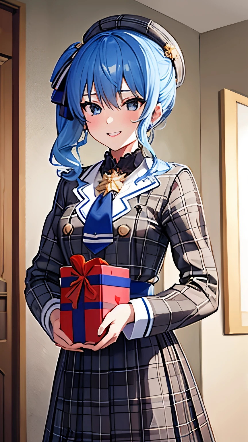 Anime girl in uniform holding a present in her hands - SeaArt AI