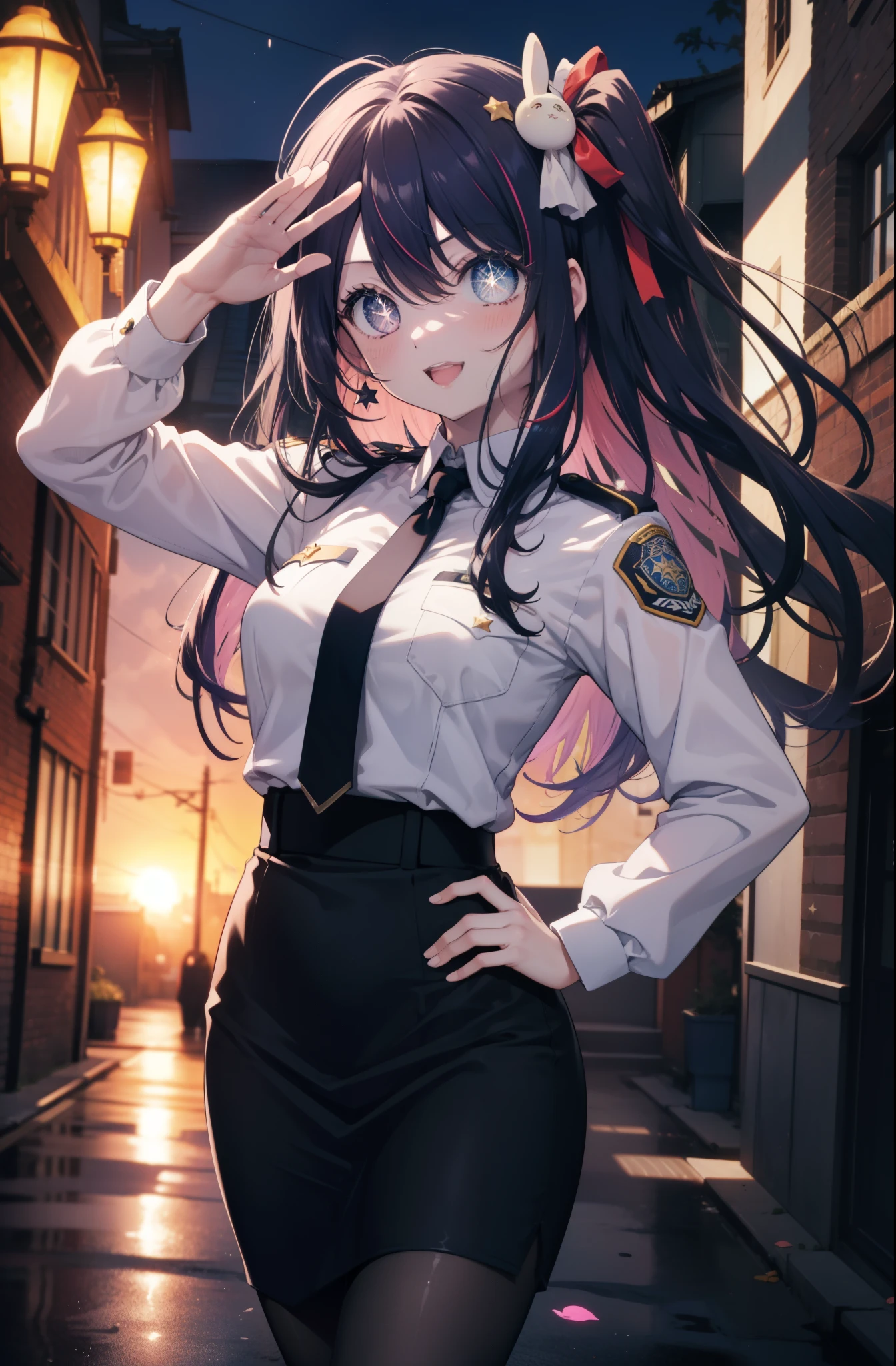 aihoshino, Ai Hoshino, hair between eyes, hair ornaments, hair ribbon, long hair, one side up, (purple eyes:1.1), purple hair, rabbit hair ornaments, (star-shaped pupil:1.5), Pupil in the shape of a symbol,
smile,blush,open your mouth,sexy police uniform,black pencil skirt,black pantyhose,stiletto heels,The girl salutes with her left hand,Place your right hand on your hip.,look up,sunrise,morning,sun, 　　　　　BREAK outdoors, city,building street, 　　　　　　　　　BREAK looking at viewer,
BREAK (masterpiece:1.2), highest quality, High resolution, unity 8k wallpaper, (shape:0.8), (fine and beautiful eyes:1.6), highly detailed face, perfect lighting, Very detailed CG, (perfect hands, perfect anatomy),