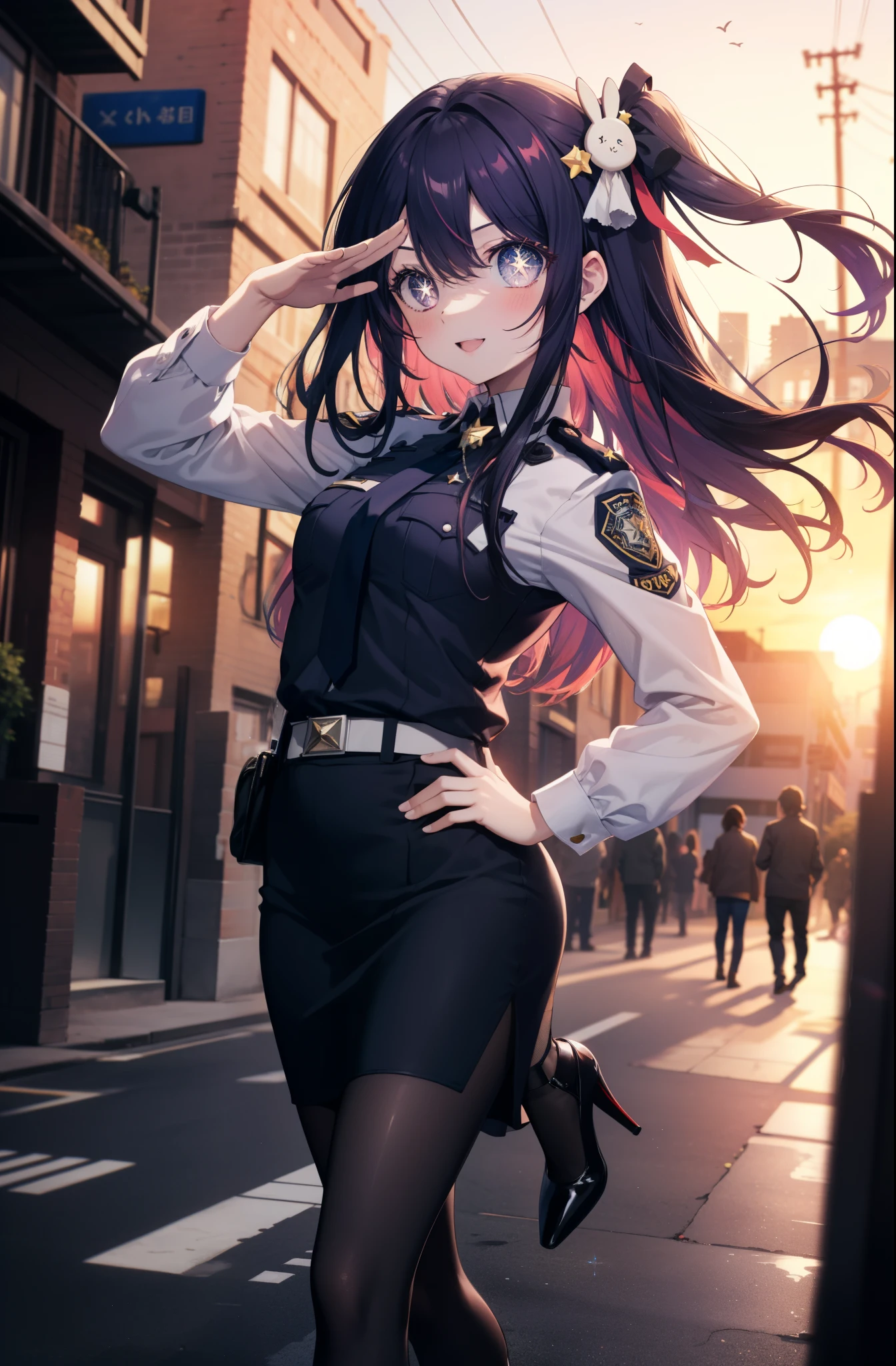 aihoshino, Ai Hoshino, hair between eyes, hair ornaments, hair ribbon, long hair, one side up, (purple eyes:1.1), purple hair, rabbit hair ornaments, (star-shaped pupil:1.5), Pupil in the shape of a symbol,
smile,blush,open your mouth,sexy police uniform,black pencil skirt,black pantyhose,stiletto heels,The girl salutes with her left hand,Place your right hand on your hip.,look up,sunrise,morning,sun, 　　　　　BREAK outdoors, city,building street, 　　　　　　　　　BREAK looking at viewer,
BREAK (masterpiece:1.2), highest quality, High resolution, unity 8k wallpaper, (shape:0.8), (fine and beautiful eyes:1.6), highly detailed face, perfect lighting, Very detailed CG, (perfect hands, perfect anatomy),