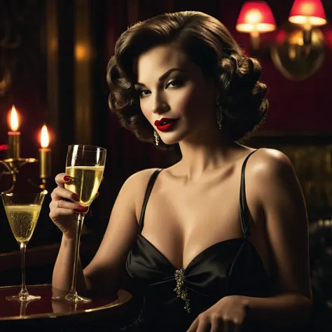 A glamorous femme fatale sipping champagne in a dimly lit speakeasy, her red lips curled into a knowing smirk.