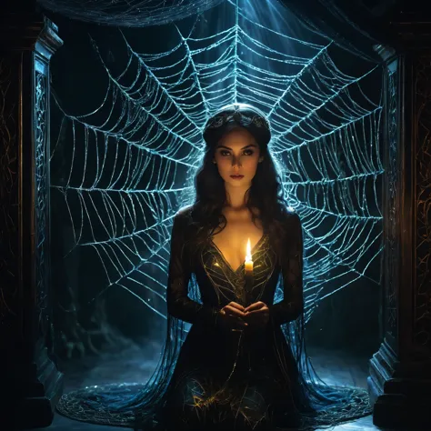 a mysterious enchantress casting spells in a dimly lit chamber, her incantations weaving a web of desire and intrigue.