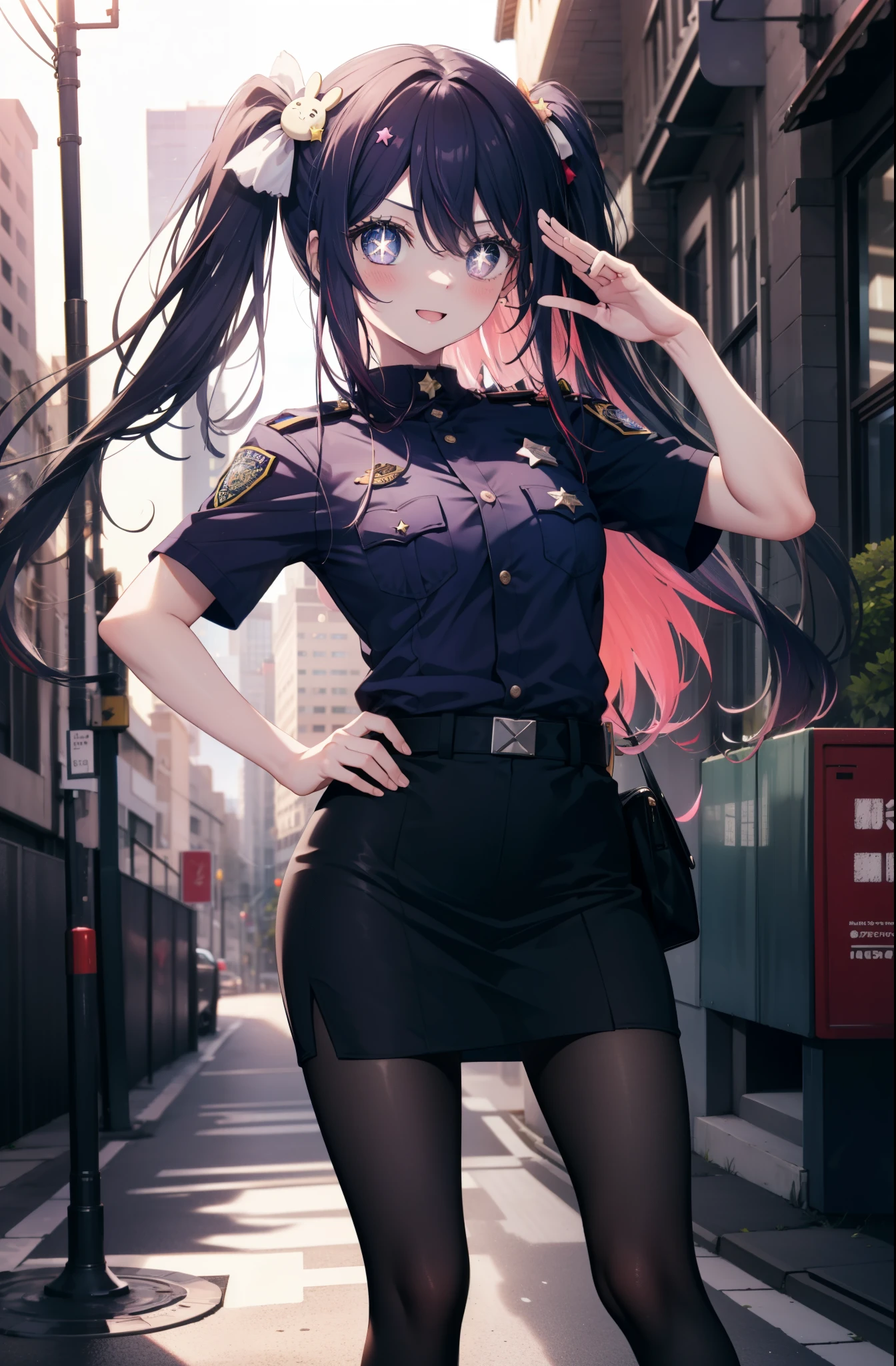 aihoshino, Ai Hoshino, hair between eyes, hair ornaments, hair ribbon, long hair, one side up, (purple eyes:1.1), purple hair, rabbit hair ornaments, (star-shaped pupil:1.5), Pupil in the shape of a symbol,
smile,blush,open your mouth,sexy police uniform,black pencil skirt,black pantyhose,stiletto heels,The girl salutes with her left hand,Place your right hand on your hip.,look up,sunrise,morning,sun, 　　　　　BREAK outdoors, city,building street, 　　　　　　　　　BREAK looking at viewer,
BREAK (masterpiece:1.2), highest quality, High resolution, unity 8k wallpaper, (shape:0.8), (fine and beautiful eyes:1.6), highly detailed face, perfect lighting, Very detailed CG, (perfect hands, perfect anatomy),