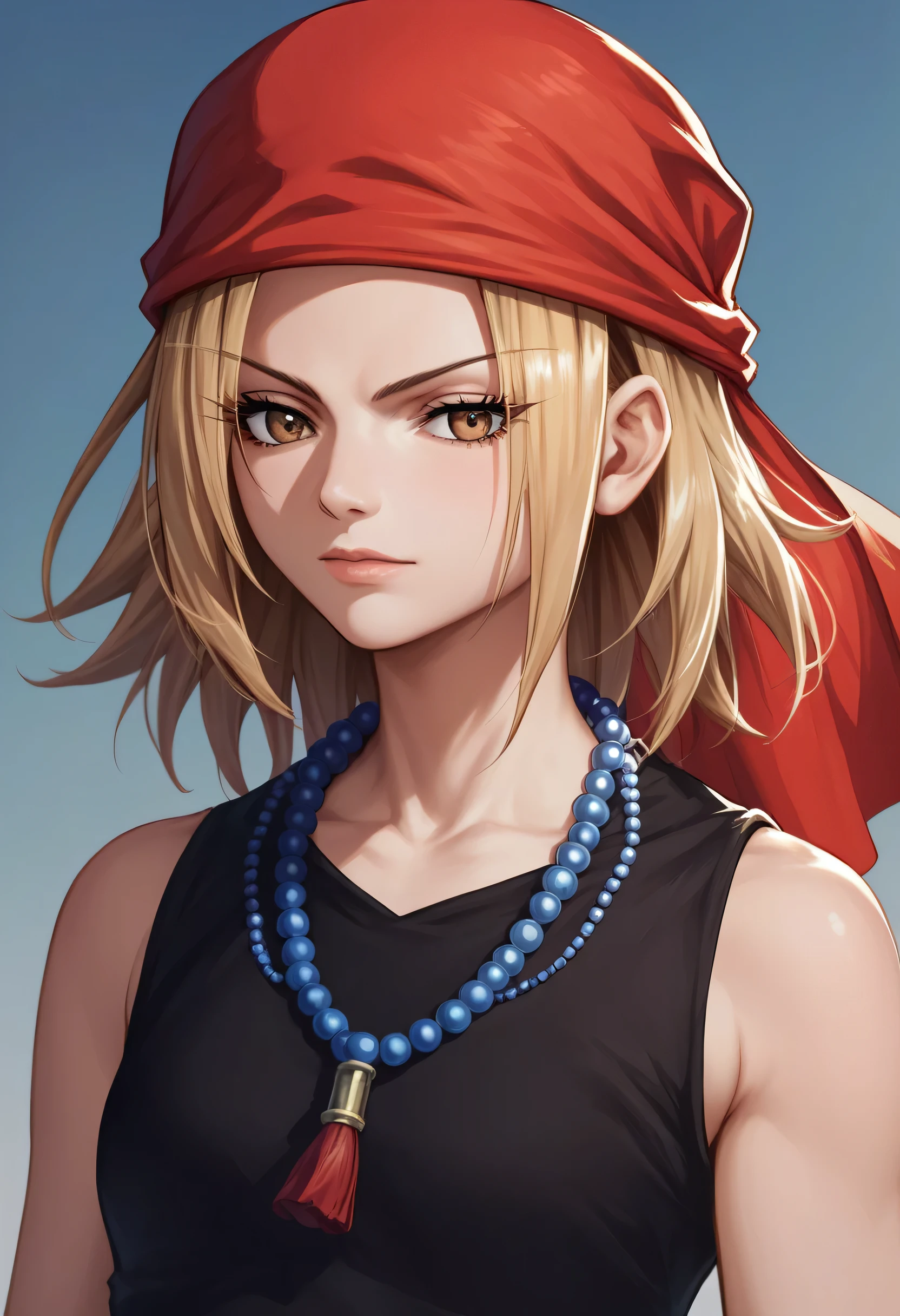 score_9, score_8_up, score_7_up, source_anime, kyouyama anna, blonde hair, short hair, brown eyes, black dress, red bandana, bead necklace