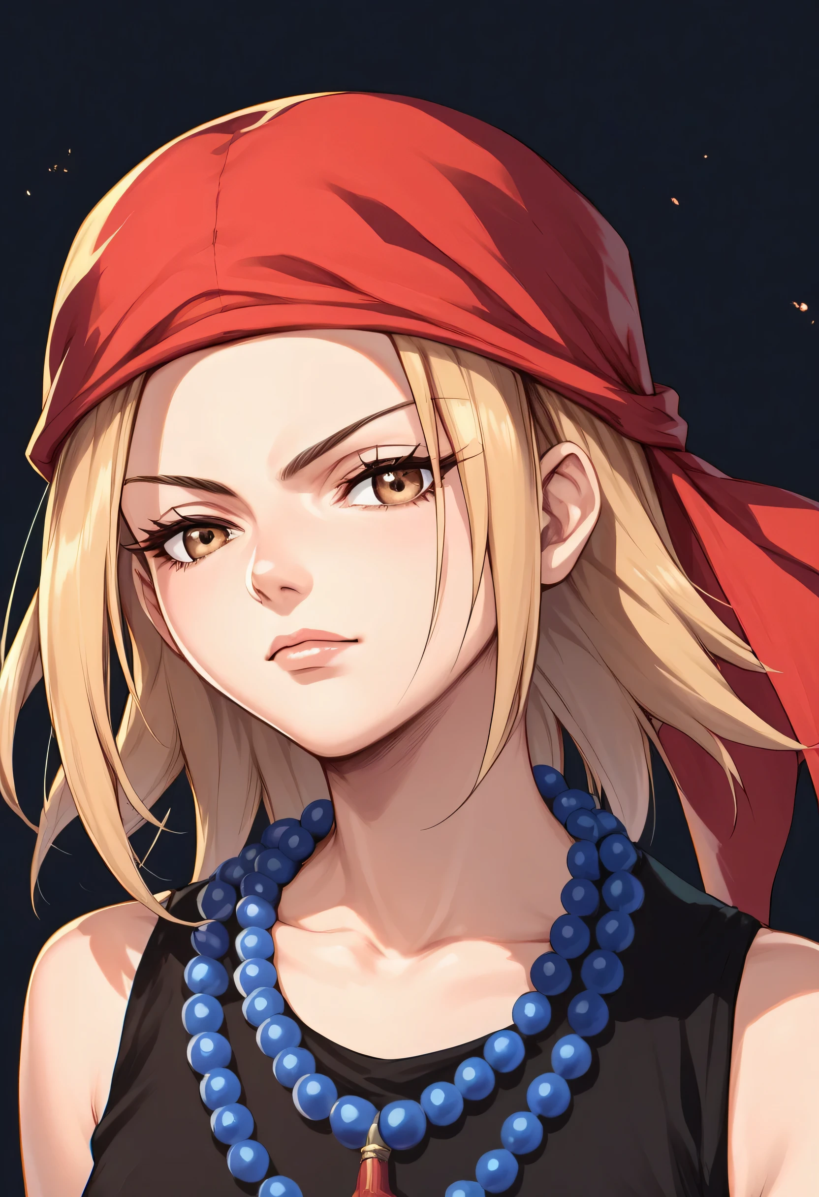 score_9, score_8_up, score_7_up, source_anime, kyouyama anna, blonde hair, short hair, brown eyes, black dress, red bandana, bead necklace