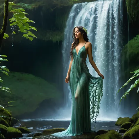 an enchanting forest nymph standing beneath a cascading waterfall, her gossamer gown clinging to her body as water droplets care...