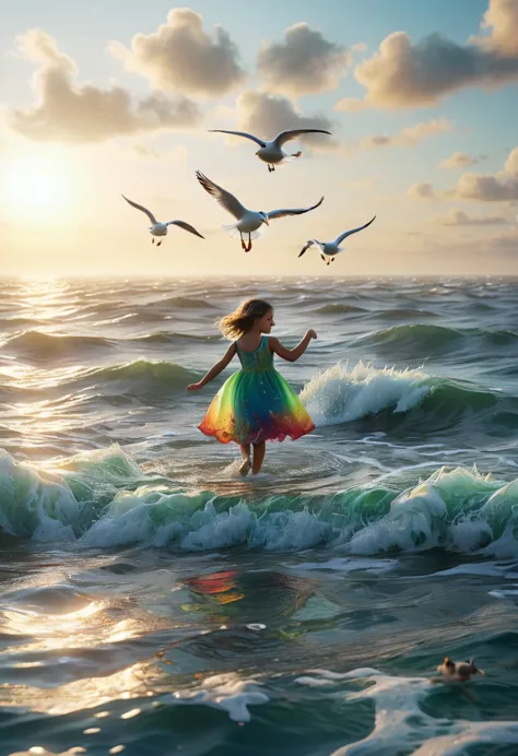 ((children dancing in the middle of the sea, on the surface of the sea:1.5)), waves clouds, sunset, seagulls, epic:1.4, ((eye-ca...