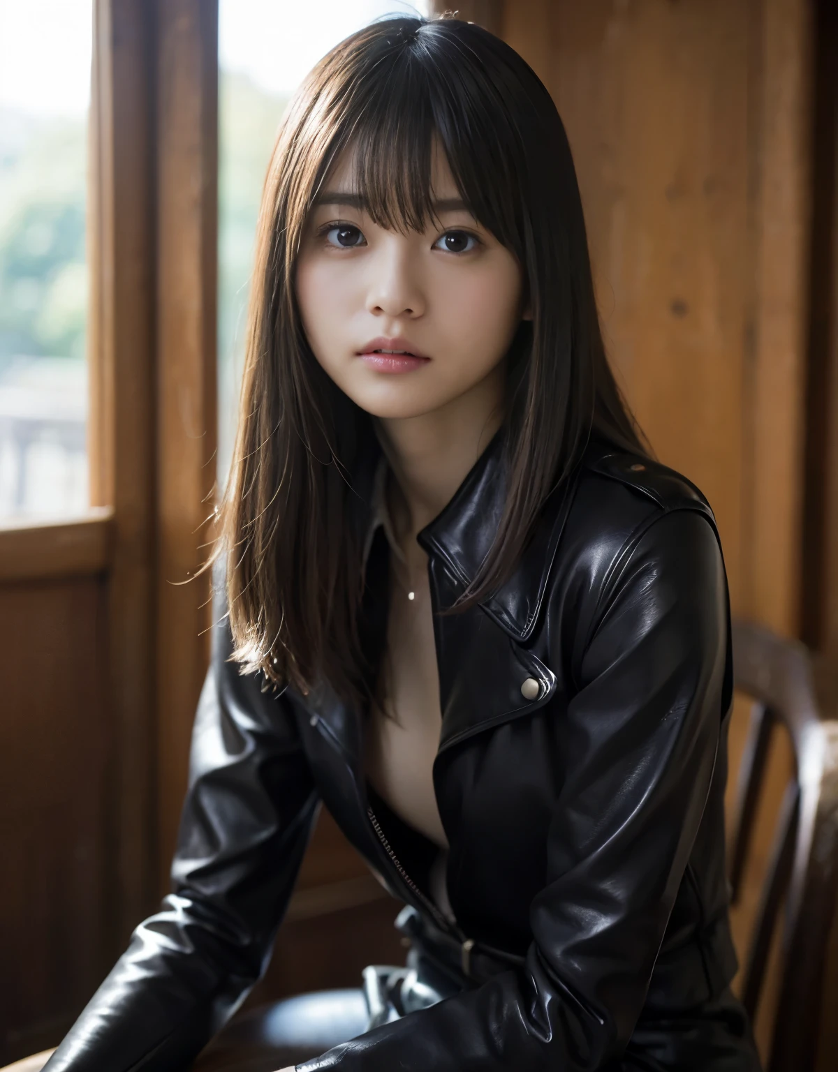 (1 girl)、highest quality、masterpiece、超A high resolution、(Photoreal:1.4)、Raw photo、1 girl、(leather black riding suit)、long sleeve,、leather racing gloves、Portrait、global illumination、Shadow、octane rendering、8K、super sharp、Metal、intricate decorative details、Japan details、very intricate details、Close-up、realistic light、(mysterious look)、CG Society Trends、shining eyes、towards the camera、Small LED、two stock