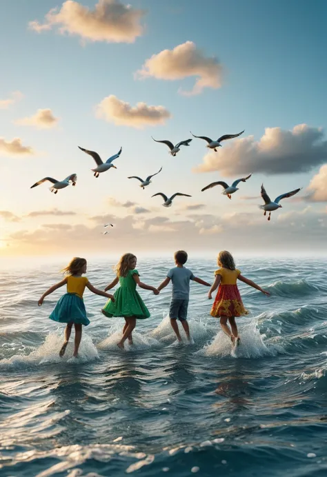 ((several children dancing in the middle of the sea, on the surface of the sea:1.5)), waves clouds, sunset, seagulls, epic:1.4, ...