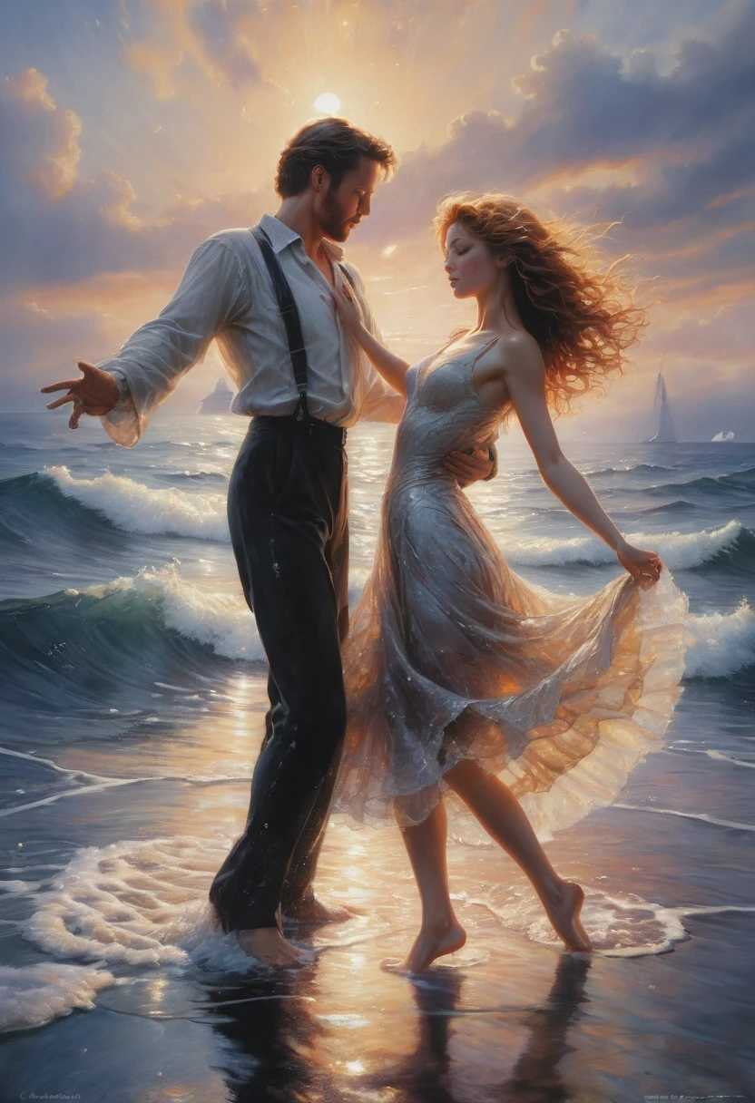 Dancing on the Sea Surface, by Cyril Rolando, best quality, masterpiece, very aesthetic, perfect composition, intricate details, ultra-detailed