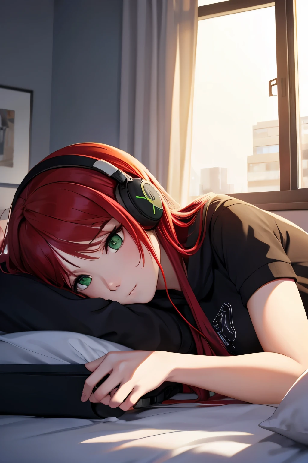 young woman, red hair, green eyes, headphones, lying down, looking at the window sky, black sweatshirt, bedroom, bed, bored, bored pose, semi-profile photo