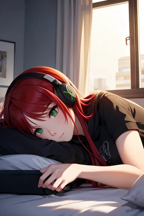 young woman, red hair, green eyes, headphones, lying down, looking at the window sky, black sweatshirt, bedroom, bed, bored, bor...