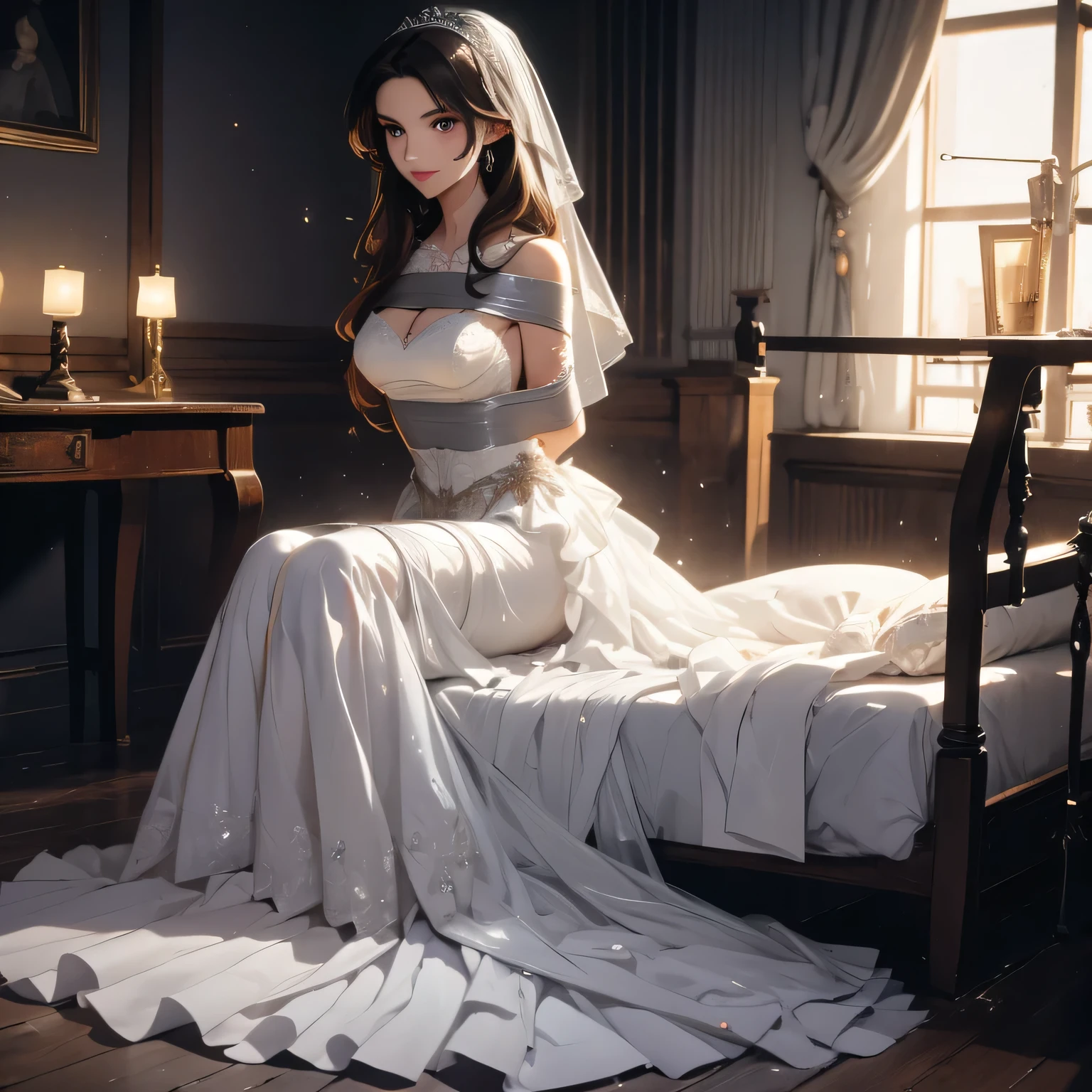 (bright lighting,romantic setting),bride captured, dreamy background,bondage,dark hair, mesmerizing gaze, , soft skin, alluring beauty, artistic portrait, high-quality image, vibrant colors, long silk gown, in the bed,tape bondage,tape gag, mosquito net, bridal