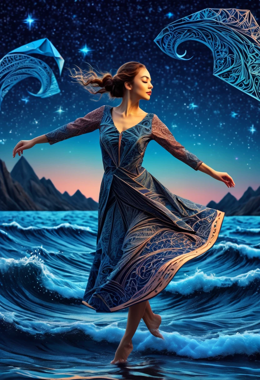 (best quality, highres, ultra sharp), womens Dancing on the Sea Surface, magical, origami sea, zentangle lines printed in clothes, starry sky, 3d crunch, cinematic,