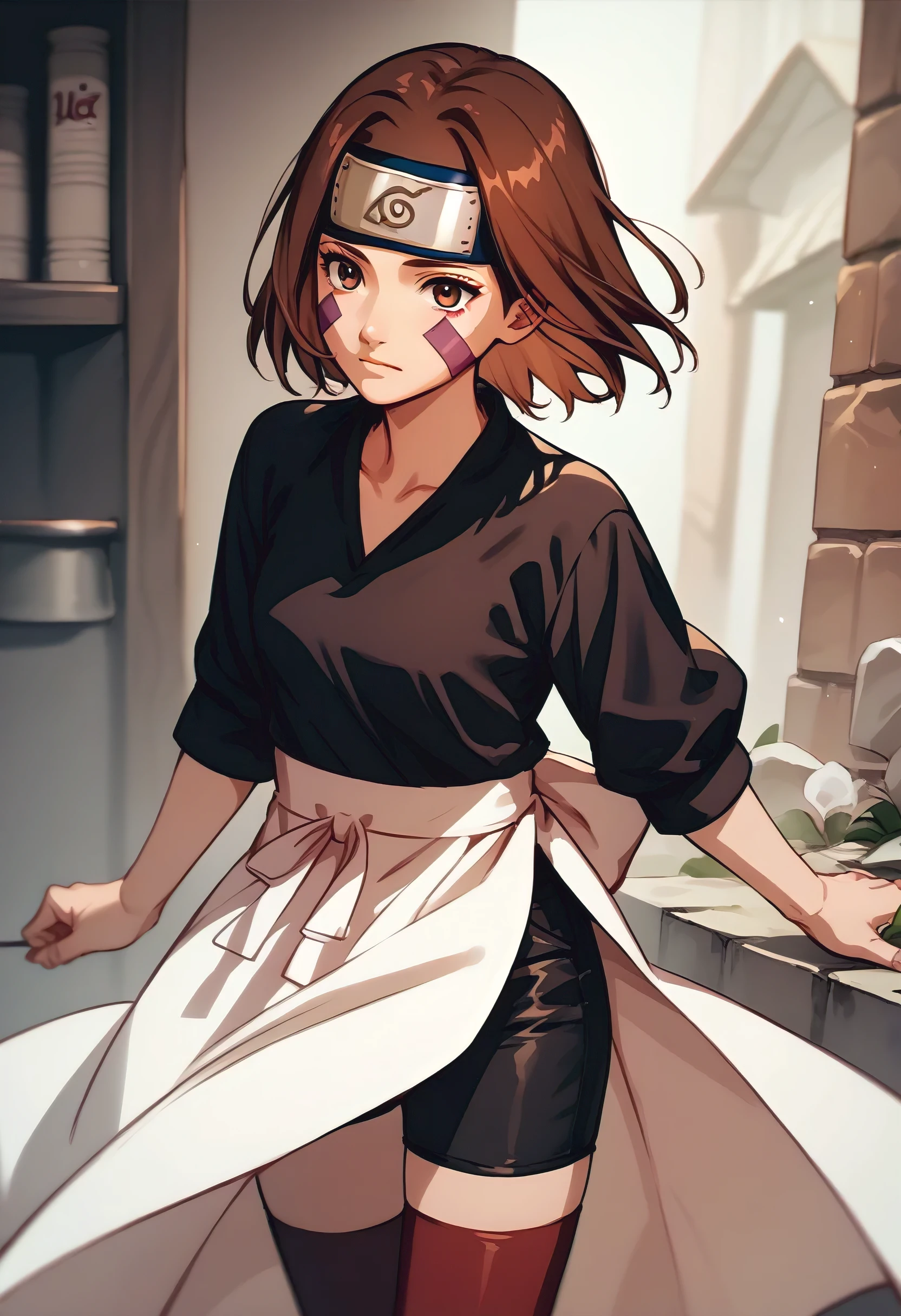 score_9, score_8_up, score_7_up, source_anime, 1girl, nohara rin, short hair, brown hair, brown eyes, purple facial mark, black shirt, long sleeves, white apron, black shorts, forehead protector, red thighhighs,