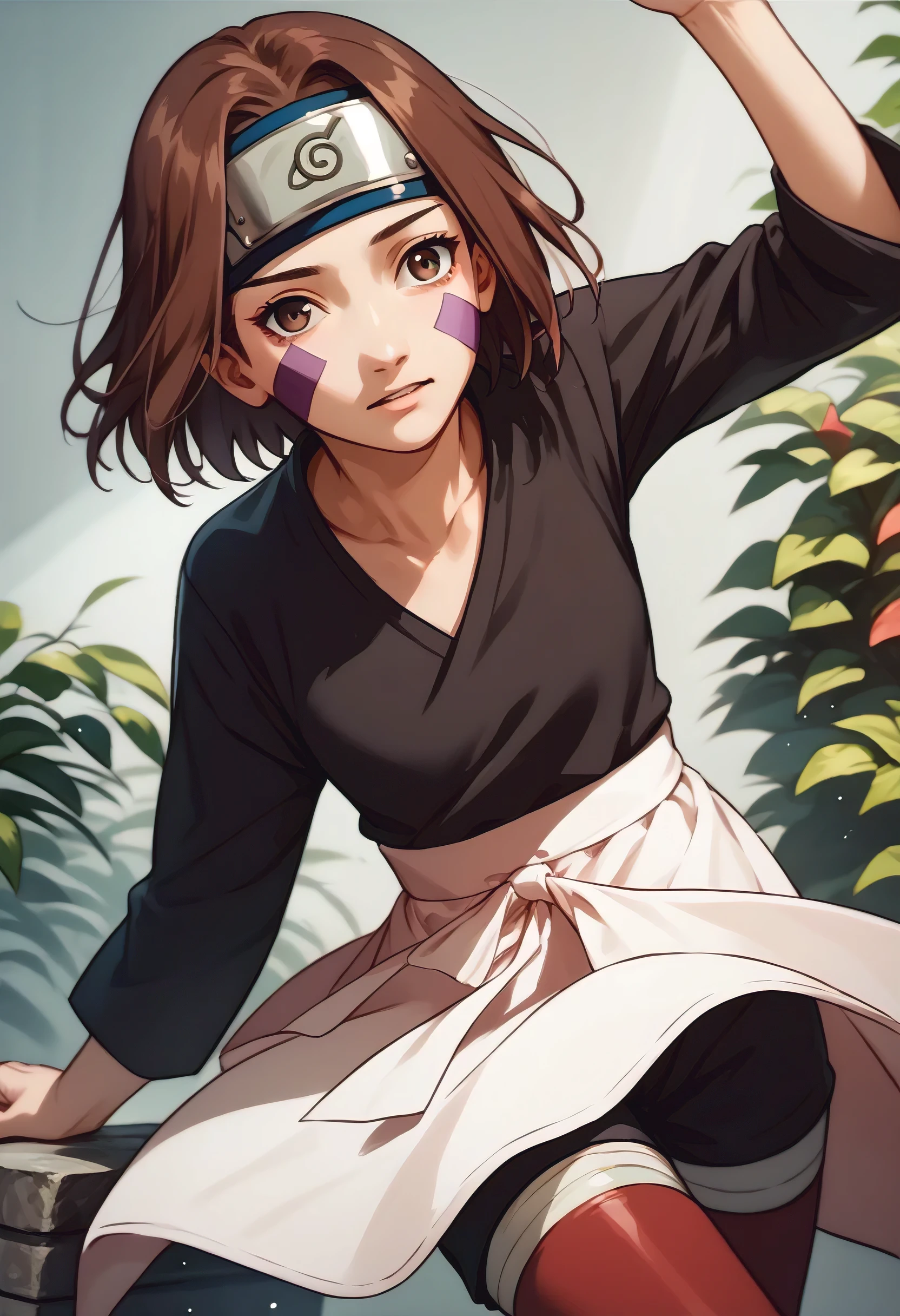 score_9, score_8_up, score_7_up, source_anime, 1girl, nohara rin, short hair, brown hair, brown eyes, purple facial mark, black shirt, long sleeves, white apron, black shorts, forehead protector, red thighhighs,