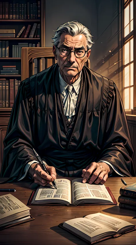 A judge looking for the camera, wearing glasses and a black robe, sentado em uma mesa com um livro e uma caneta.