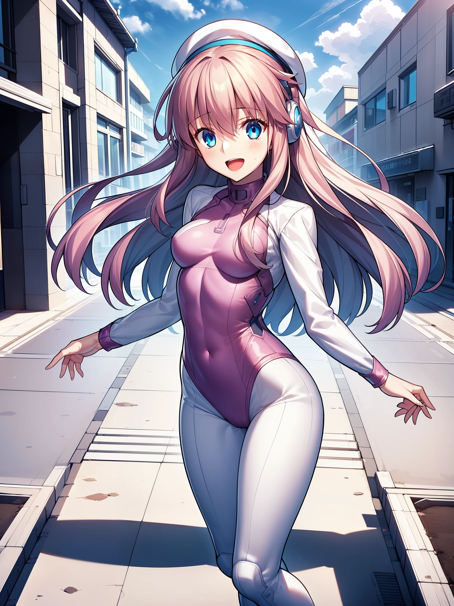 1girl, solo, small breasts, looking at viewer, blush, smile, long hair, bangs, large breasts, pink long hair, long sleeves, blue eyes, headphone,beret,:d, bodysuit, bspace, pink bodysuit with blue accents, blue sky, outdoors, office building backdrop, ballet leotard, white full-length tights, thigh-high boots, middle school aged