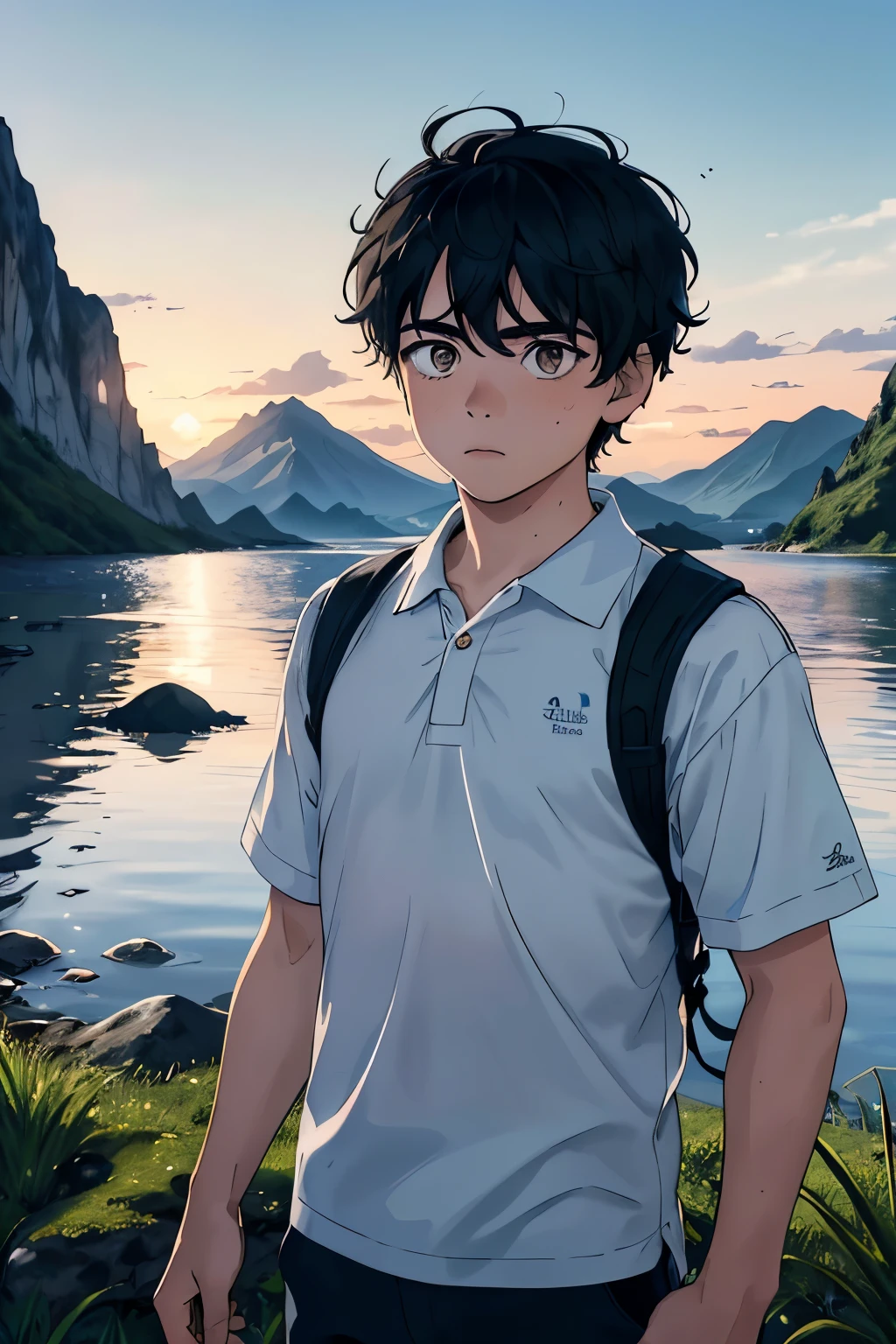 A young-looking boy is standing in the foreground, looking straight ahead and a serene expression on his face. Behind him, Majestic mountains covered in lush vegetation rise. The sky is filled with the warm colors of the sunset, creating a magical and tranquil atmosphere around the . Su cabello oscuro y su ropa son ligeramente agitados por la suave brisa de la tarde. His eyes are full of determination and curiosity as he scans the horizon, Ready to face any challenge that comes your way.