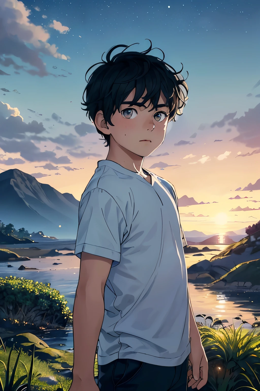 A young-looking boy is standing in the foreground, looking straight ahead and a serene expression on his face. Behind him, Majestic mountains covered in lush vegetation rise. The sky is filled with the warm colors of the sunset, creating a magical and tranquil atmosphere around the . Su cabello oscuro y su ropa son ligeramente agitados por la suave brisa de la tarde. His eyes are full of determination and curiosity as he scans the horizon, Ready to face any challenge that comes your way.