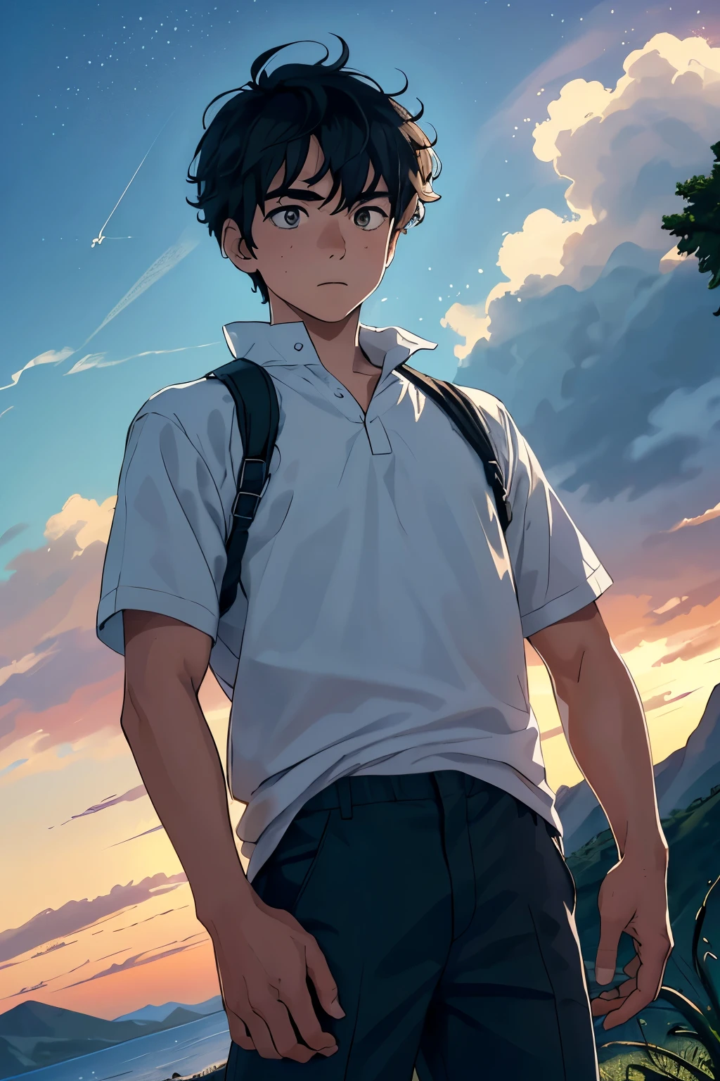 A young-looking boy is standing in the foreground, looking straight ahead and a serene expression on his face. Behind him, Majestic mountains covered in lush vegetation rise. The sky is filled with the warm colors of the sunset, creating a magical and tranquil atmosphere around the . Su cabello oscuro y su ropa son ligeramente agitados por la suave brisa de la tarde. His eyes are full of determination and curiosity as he scans the horizon, Ready to face any challenge that comes your way.