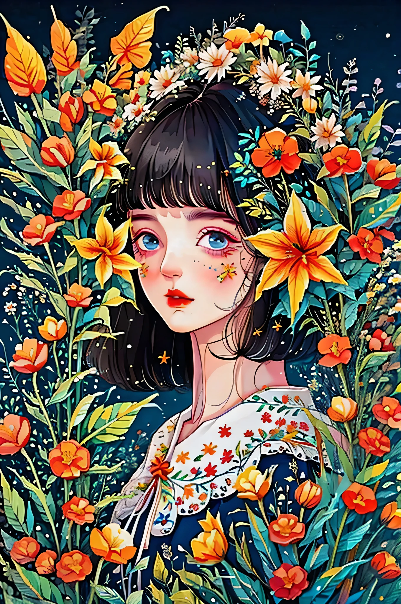 yxycolor,1 girl, alone, black hair, flower, white background, hair ornaments, hair flower, short hair, Upper body, bangs, looking at the viewer, simple background, leaf, bob cut, plant, shirt, blue shirt, blunt bangs, yellow flower, red lips, blue eyes