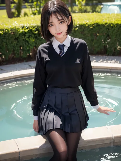 (((Beautiful girl bathing in a fountain in her school uniform)))、(((wet 、wet bob hair、Wet hair、pleated skirt、Black pantyhose)))、...