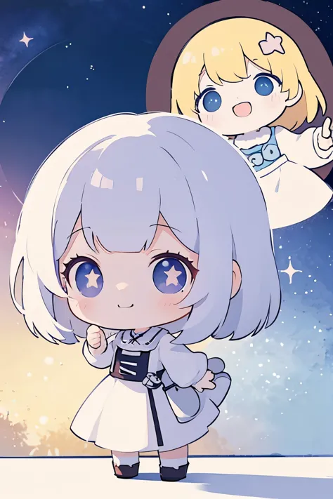 The following scenes will be expressed using chibi girl dolls.（Photoreal、Looking up at the stars in the night sky and pointing、eye up、smile、Take a photo from the side）