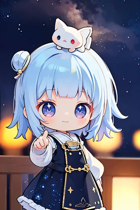 The following scenes will be expressed using chibi girl dolls.（Photoreal、Looking up at the stars in the night sky and pointing、eye up、smile、Take a photo from the side）
