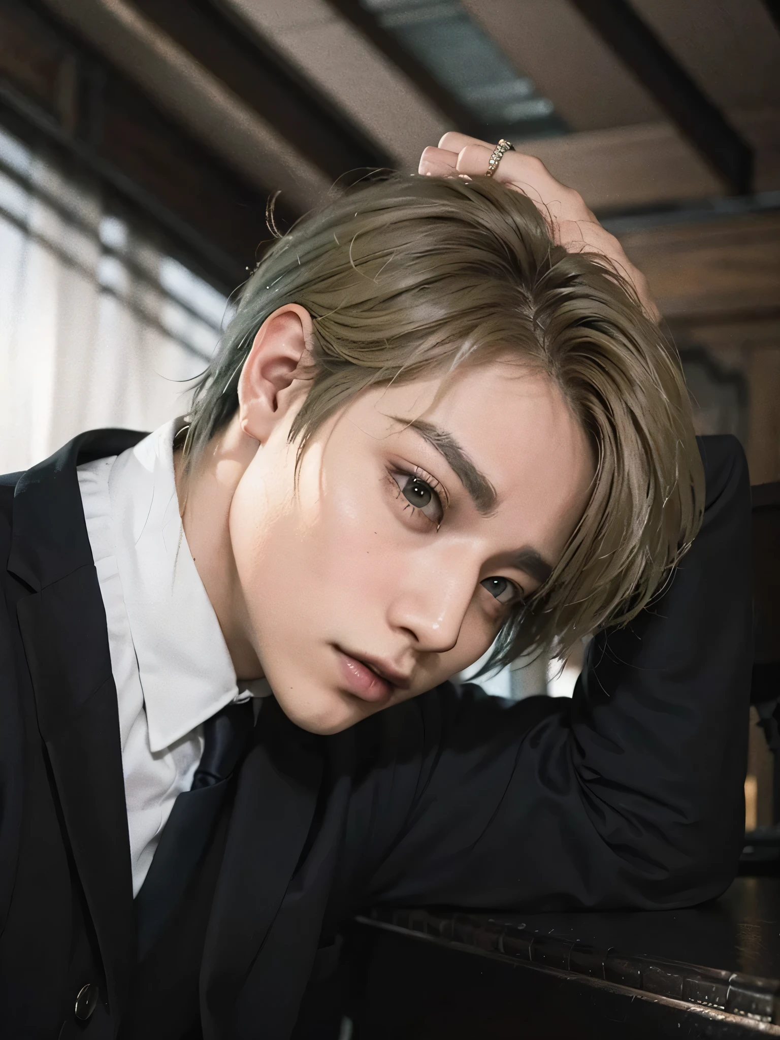 There is a man in a suit and tie leaning on a piano, kpop idol portrait, Cai Xu Kun, jungkook, Juan Liebert mixed with alucard, Juan Liebert, hyung tae, kim taejin, Portrait of Blackpink&#39;s Jossi, xqc, Jimin, art album, jimin park, with short hair, inspired by jeonseok lee