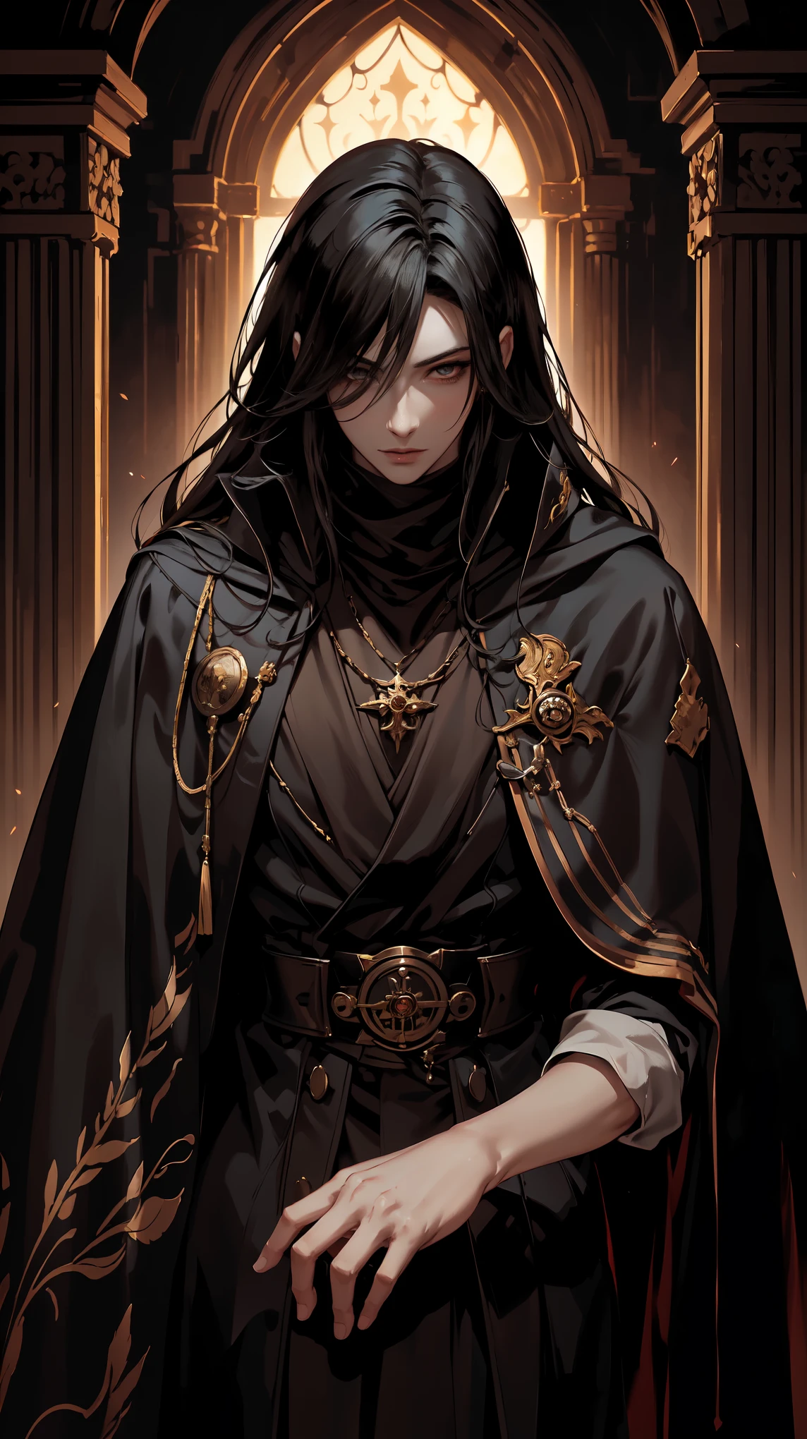 (8K Masterpiece.High Quality.Digital Art.Beautiful and Aesthetic anime style.Perfect compositions and excellent perspective.OIL PAINTING.CLOSE details face Portrait !)Portrait .Long straight black haired ,1 male.Pale skin,dark eyes,in an old fashioned black Templar's Robe (the character is in an ancient temple with atmospheric lighting and architecture)A beautiful gothic temple illuminated by fire from the inside
