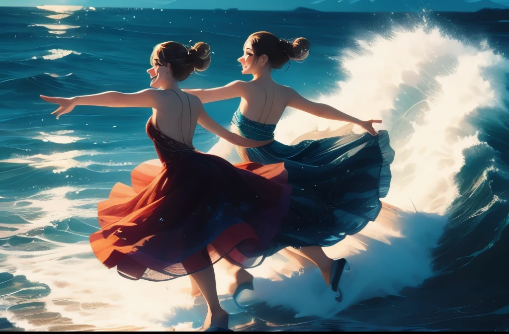 2women, pair skating, ocean, waves, flowing dresses, calm seas, dancing on the water