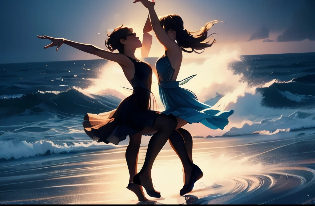 2women, pair skating, ocean, waves, flowing dresses, calm seas, dancing on the water