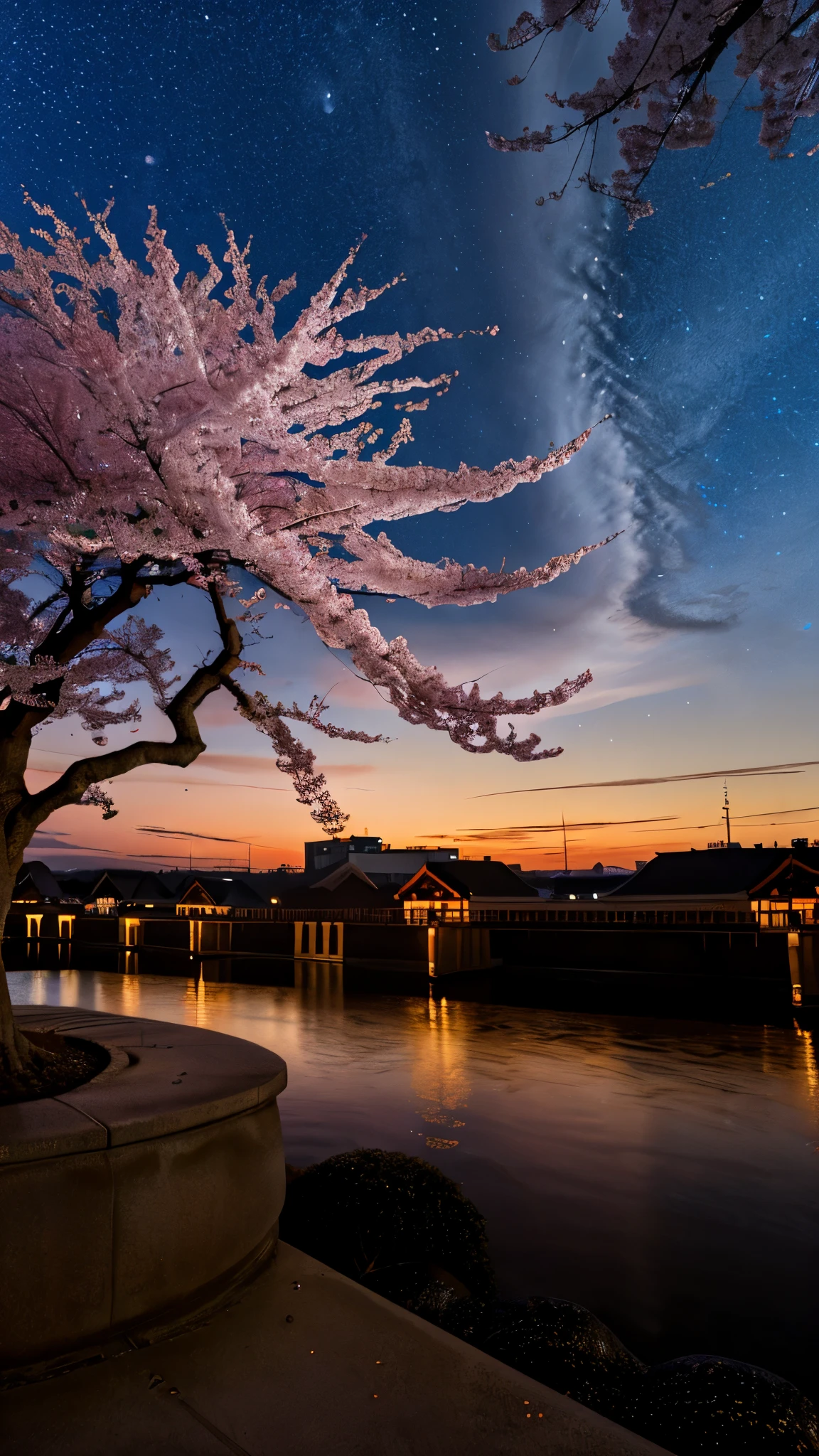 Bela paisagem rural com flores de cerejeira　lindas flores de cerejeira 8ｋ　céu noturno　bela lua　Papel de parede 8k　fotos detalhadas