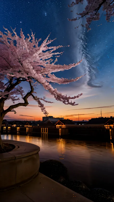 Beautiful countryside scenery with cherry blossoms　beautiful cherry blossoms 8ｋ　night sky　beautiful moon　8K wallpaper　Detailed p...