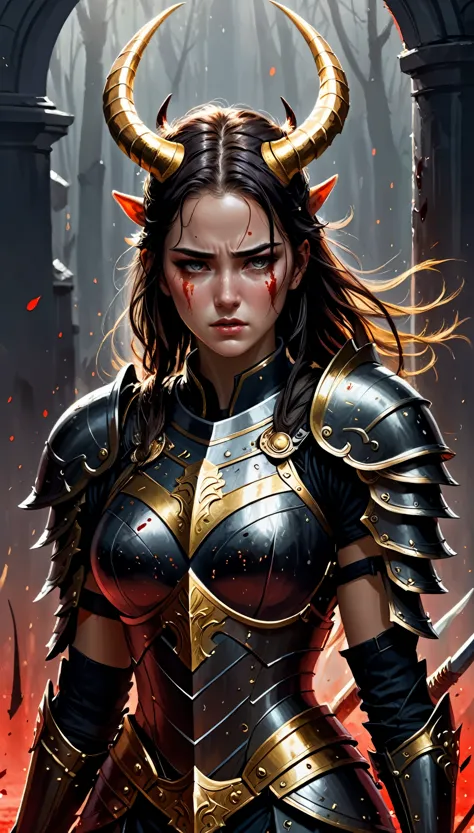 Armand Guillemann style, character concept design, half painting, depicts a female warrior with a golden head and horns, wearing...