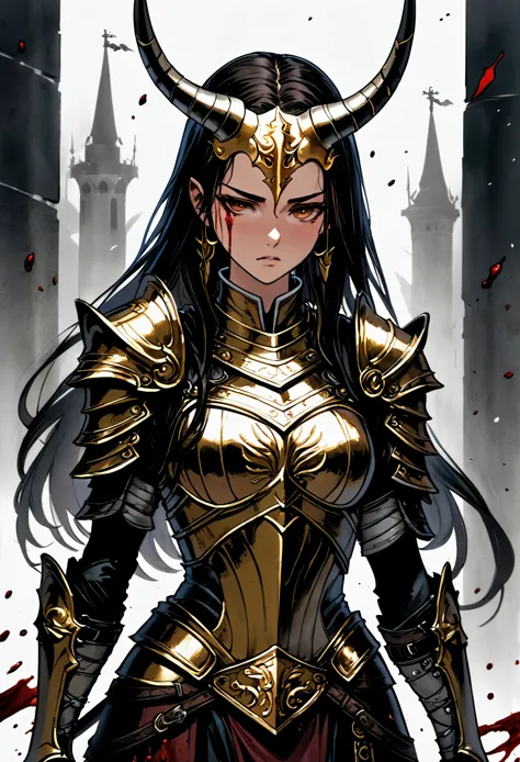 Armand Guillemann style, character concept design, half painting, depicts a female warrior with a golden head and horns, wearing...
