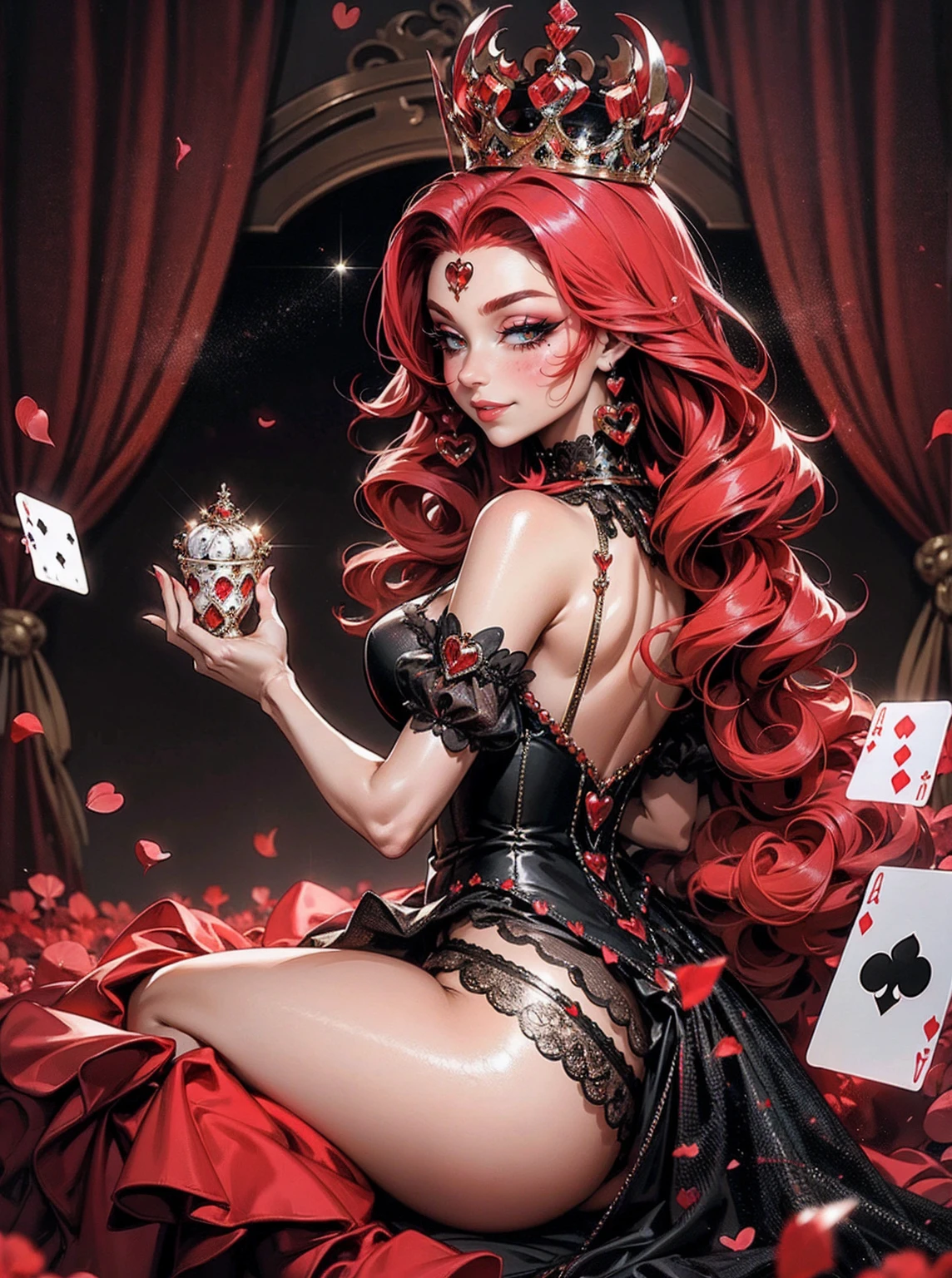 Em um luxuoso cassino, A stunning woman wears an exquisite dress adorned with heart symbols, embodying the royal presence of the Queen of Hearts. Surrounded by a backdrop of poker cards and chips, She exudes confidence and seduction, convidando os jogadores a testar sua sorte e habilidades no jogo de azar. com cabelos curtos, enrolados, cabelos vermelhos (queen of hearts), backwards, looking back, sorrindo, sorriso largo