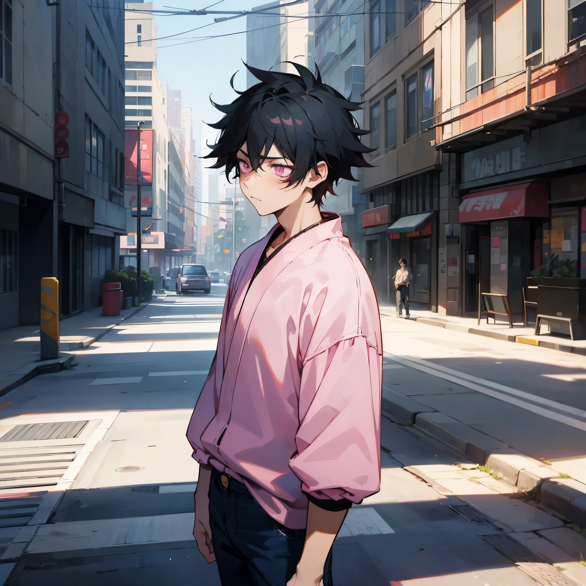 1male , Pink Eyes , Sad Expression , Black Hair , Messy Hair , Blue Jeans , Modern City Background , Jujutsu Tech , Tired Eyes , Standing on sidewalk , Adult Male