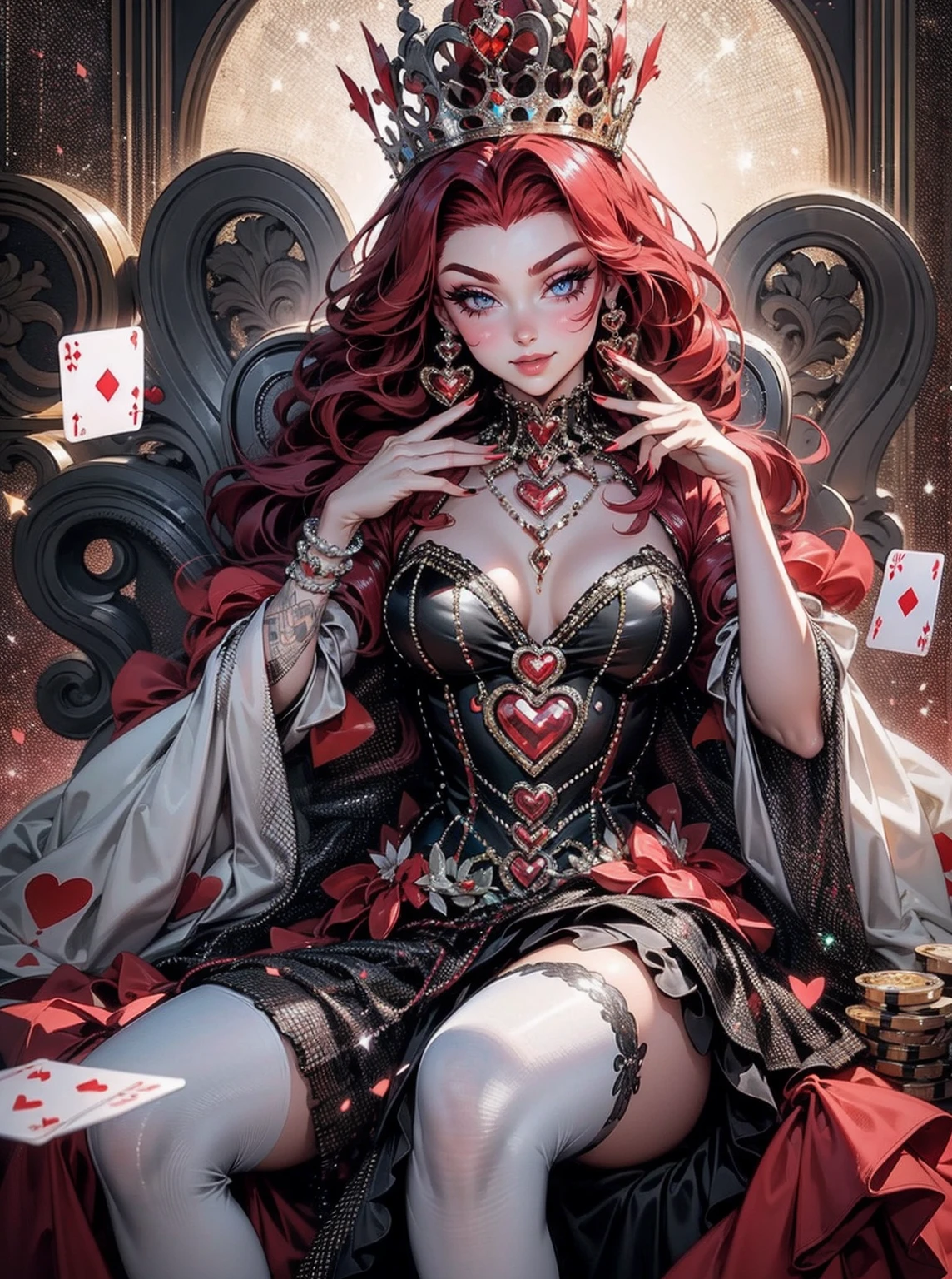 Em um luxuoso cassino, A stunning woman wears an exquisite dress adorned with heart symbols, embodying the royal presence of the Queen of Hearts. Surrounded by a backdrop of poker cards and chips, She exudes confidence and seduction, convidando os jogadores a testar sua sorte e habilidades no jogo de azar. com cabelos curtos, enrolados, cabelos vermelhos (queen of hearts), backwards, looking back, sorrindo, sorriso largo