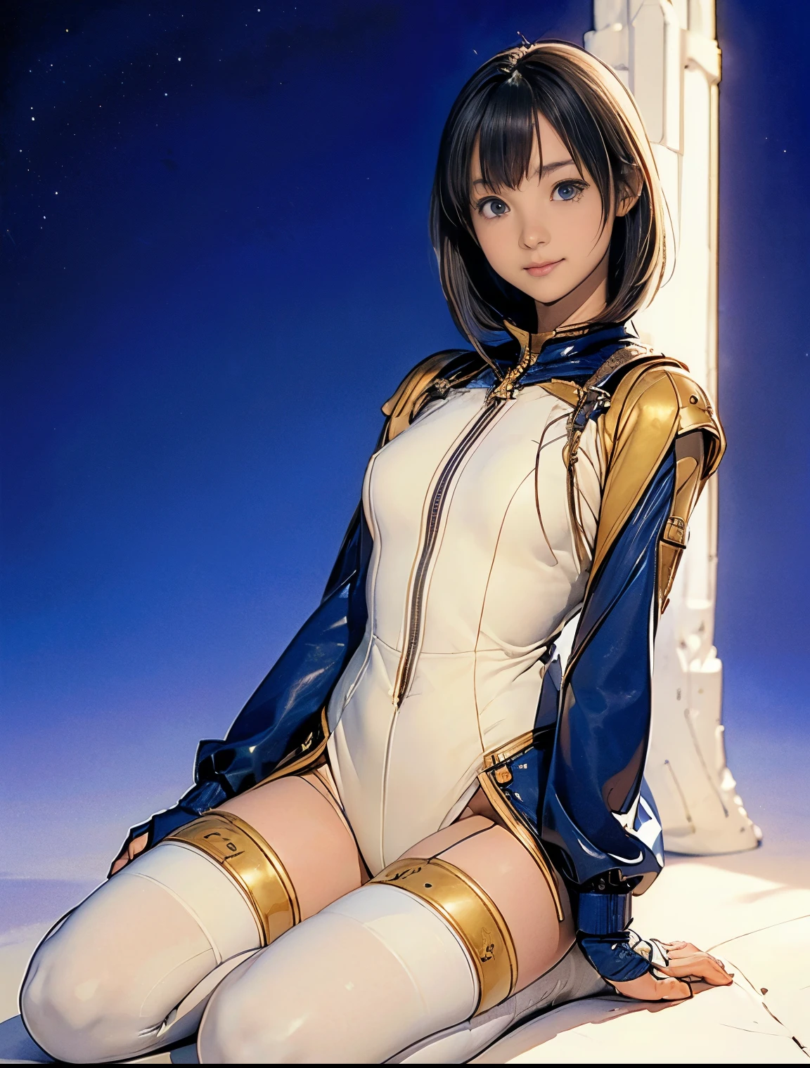 (masterpiece、best quality、Highest resolution、Clear_image、detailed details): (full body picture、15 year old girl、Japanese face、small face、thin、Navy blue super short bob、blue eyes、Blue and Black Shiny Aviator Suit、Armor that protects the chest、tight clothes、Clothes that cover the whole body、leggings、Very delicate and beautiful、hide thighs、hide your ass、Cute type、gentle smile、soft expression、earphone、knee high boots、Gloves come to elbow length、Shooting at eye level、face directly、woman on spaceship), (((camel toe))), ((Plain white tights))