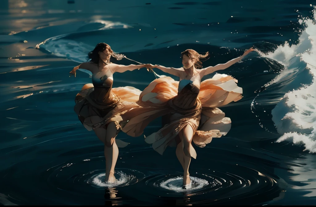 2women, pair skating, ocean, waves, flowing dresses, calm seas, dancing on the water